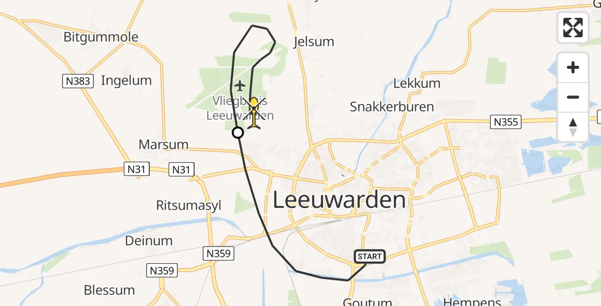Routekaart van de vlucht: Ambulancehelikopter naar Vliegbasis Leeuwarden, Borniastraat