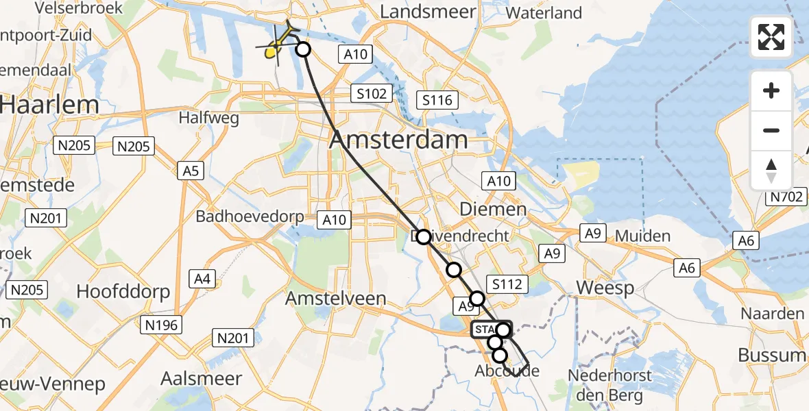 Routekaart van de vlucht: Lifeliner 1 naar Amsterdam Heliport, Amsterdamsestraatweg