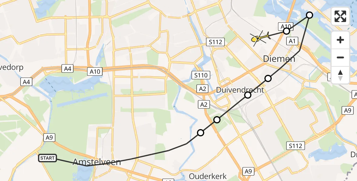 Routekaart van de vlucht: Politieheli naar Amsterdam, Laan Nieuwer-Amstel