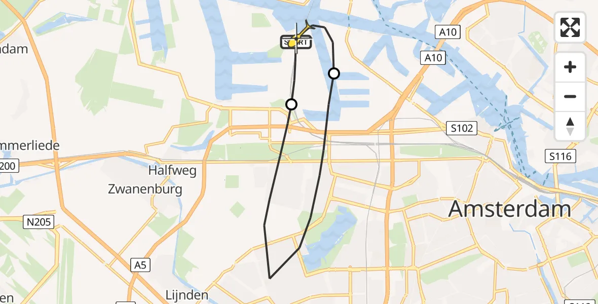 Routekaart van de vlucht: Lifeliner 1 naar Amsterdam Heliport, Maltaweg