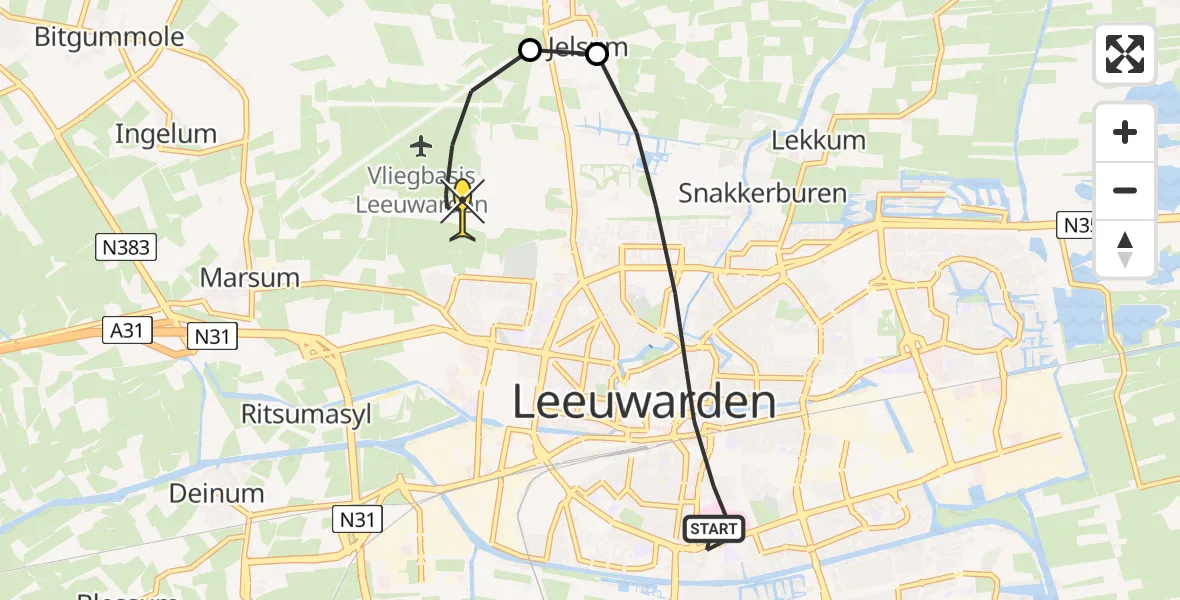 Routekaart van de vlucht: Ambulancehelikopter naar Vliegbasis Leeuwarden, Duivesteinstraat