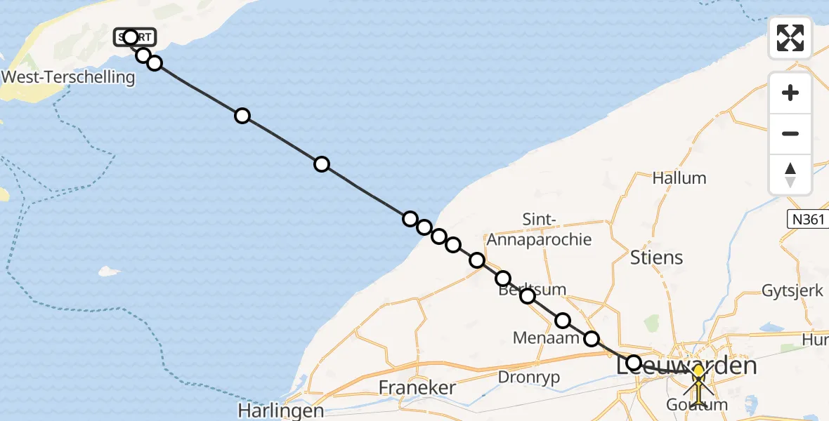 Routekaart van de vlucht: Ambulanceheli naar Leeuwarden, Kinnum