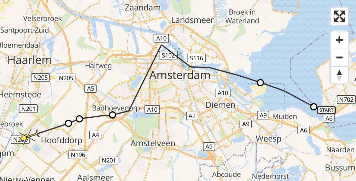 Routekaart van de vlucht: Politieheli naar Hoofddorp, Markermeer & IJmeer