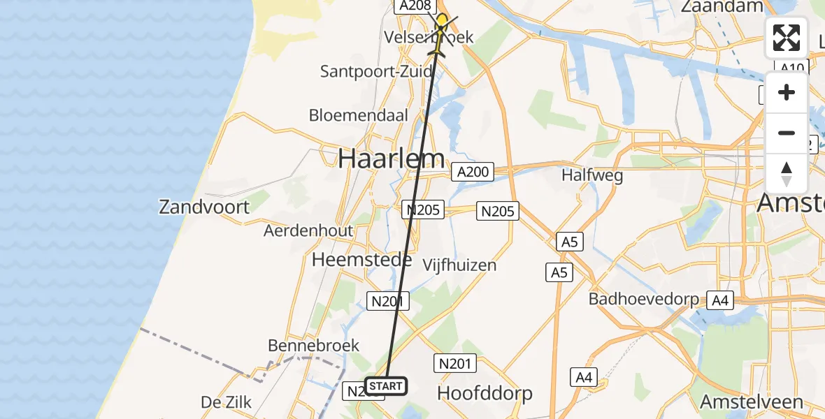 Routekaart van de vlucht: Politieheli naar Velserbroek, Carrie Pothuisstraat