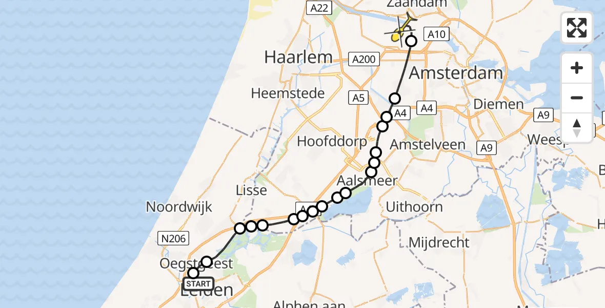 Routekaart van de vlucht: Lifeliner 1 naar Amsterdam Heliport, Leidsestraatweg