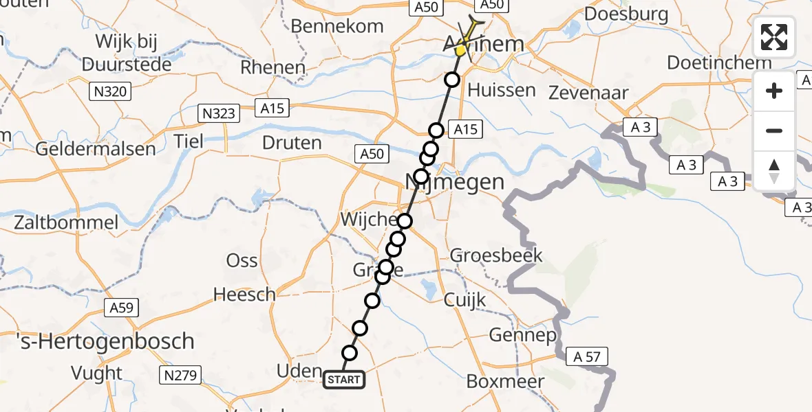 Routekaart van de vlucht: Lifeliner 3 naar Arnhem, zeelandsedijk