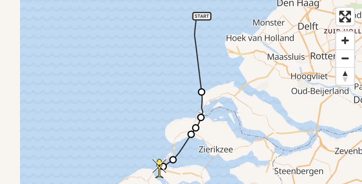Routekaart van de vlucht: Kustwachthelikopter naar Kamperland, Veersegatdam