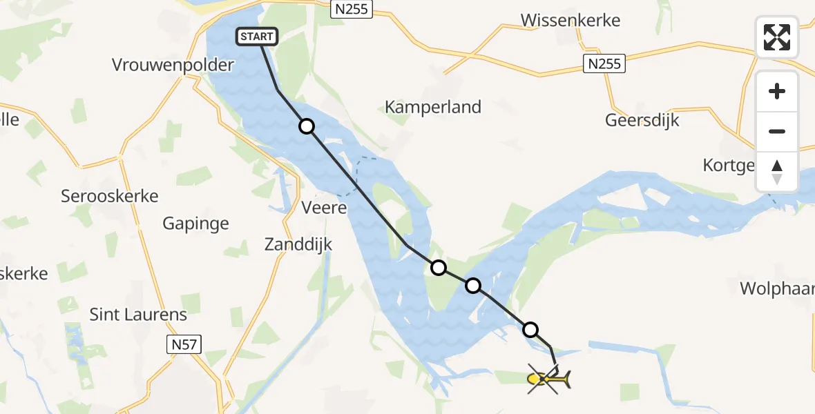 Routekaart van de vlucht: Kustwachthelikopter naar Vliegveld Midden-Zeeland, Campensweg