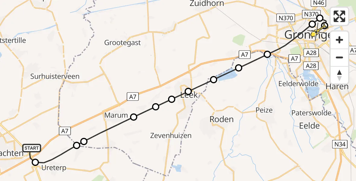 Routekaart van de vlucht: Lifeliner 4 naar Universitair Medisch Centrum Groningen, Petrus Campersingel