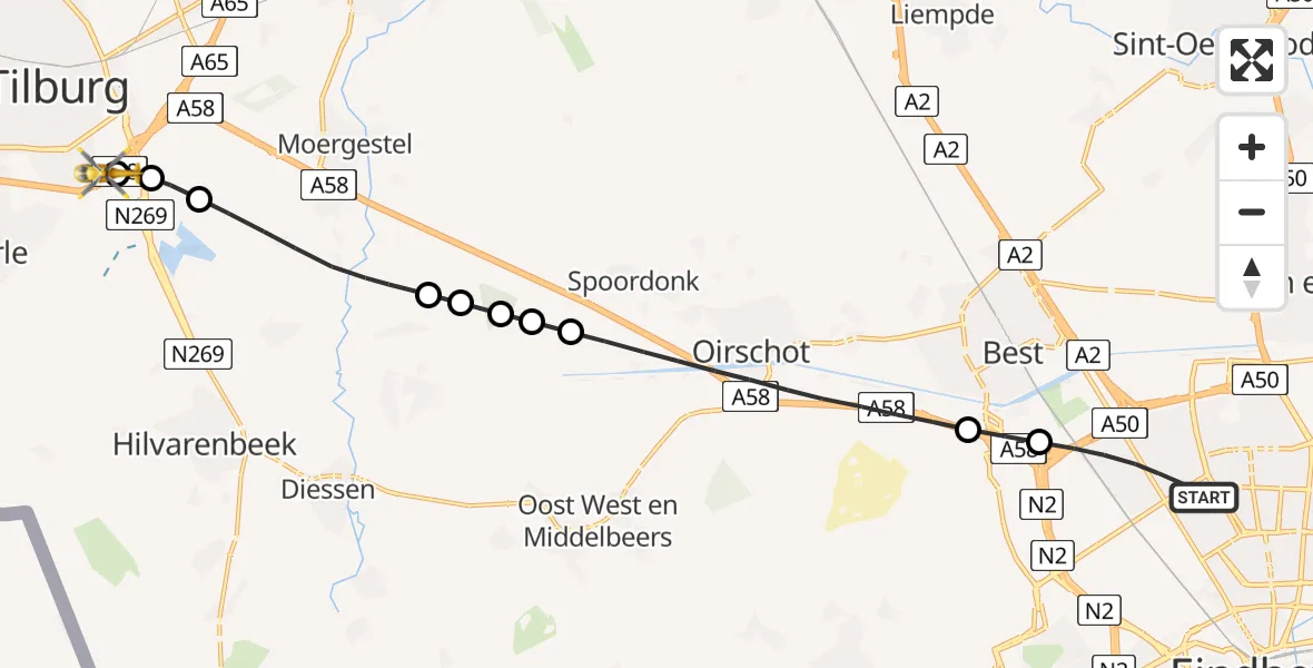 Vluchtroute Traumahelikopter Eindhoven - Tilburg, 08 augustus 2025, 04:16