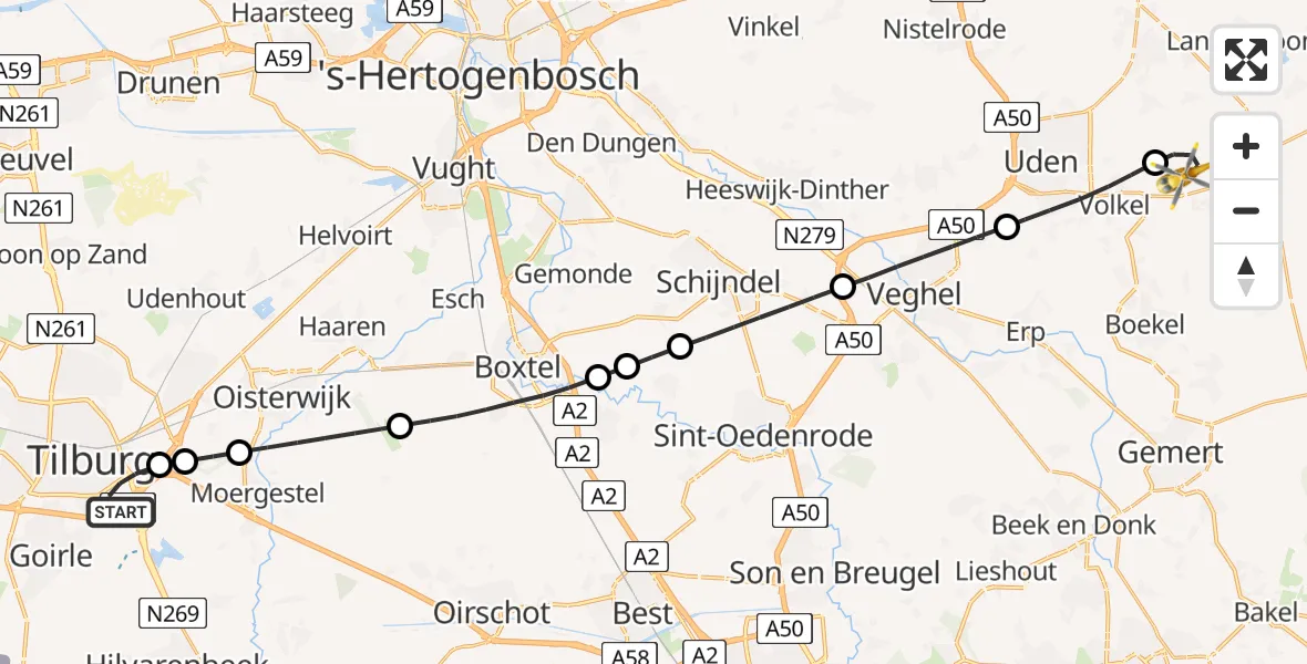 Vluchtroute Traumahelikopter Tilburg - Vliegbasis Volkel, 08 augustus 2025, 04:50