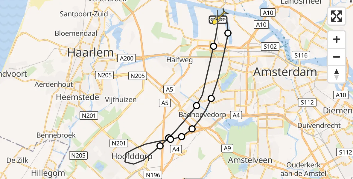Routekaart van de vlucht: Lifeliner 1 naar Amsterdam Heliport, Nieuw-Zeelandweg
