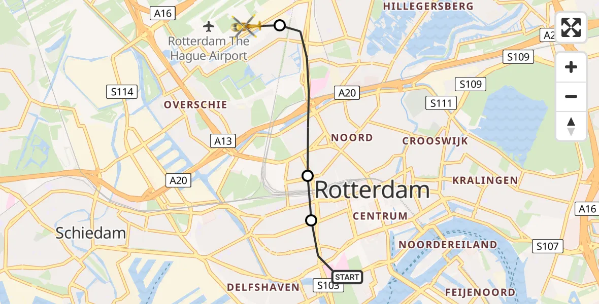 Vluchtroute Traumahelikopter Erasmus MC - Rotterdam The Hague Airport, 08 augustus 2025, 06:37
