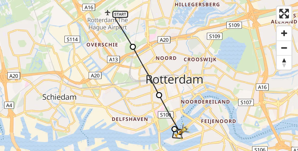 Vluchtroute Traumahelikopter Rotterdam The Hague Airport - Rotterdam, 08 augustus 2025, 07:31