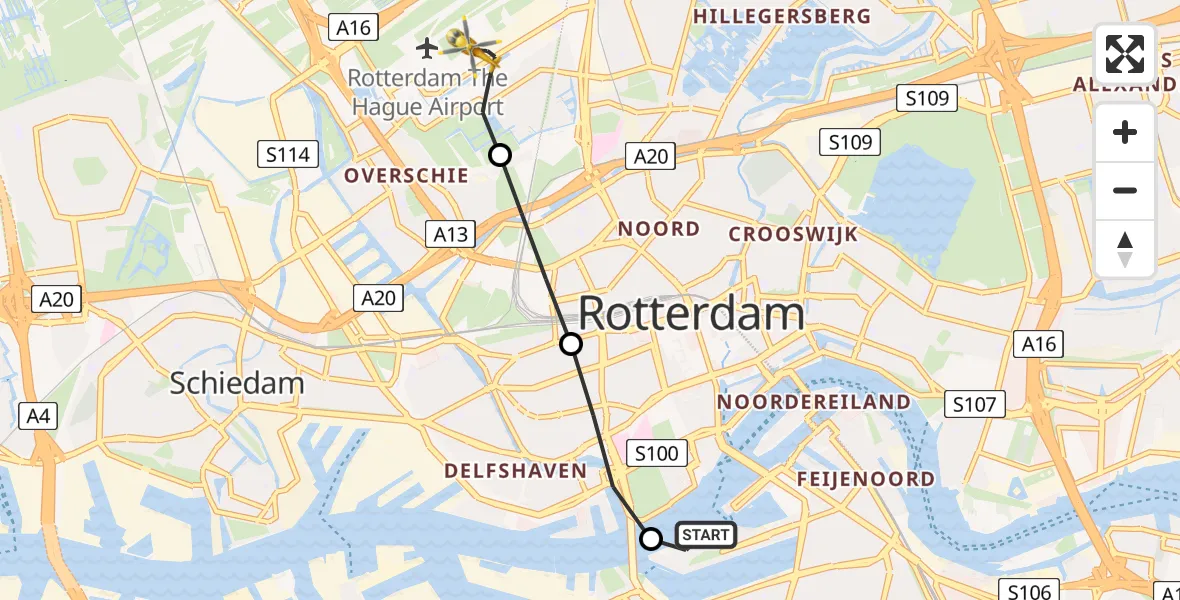 Vluchtroute Traumahelikopter Rotterdam - Rotterdam The Hague Airport, 08 augustus 2025, 08:04