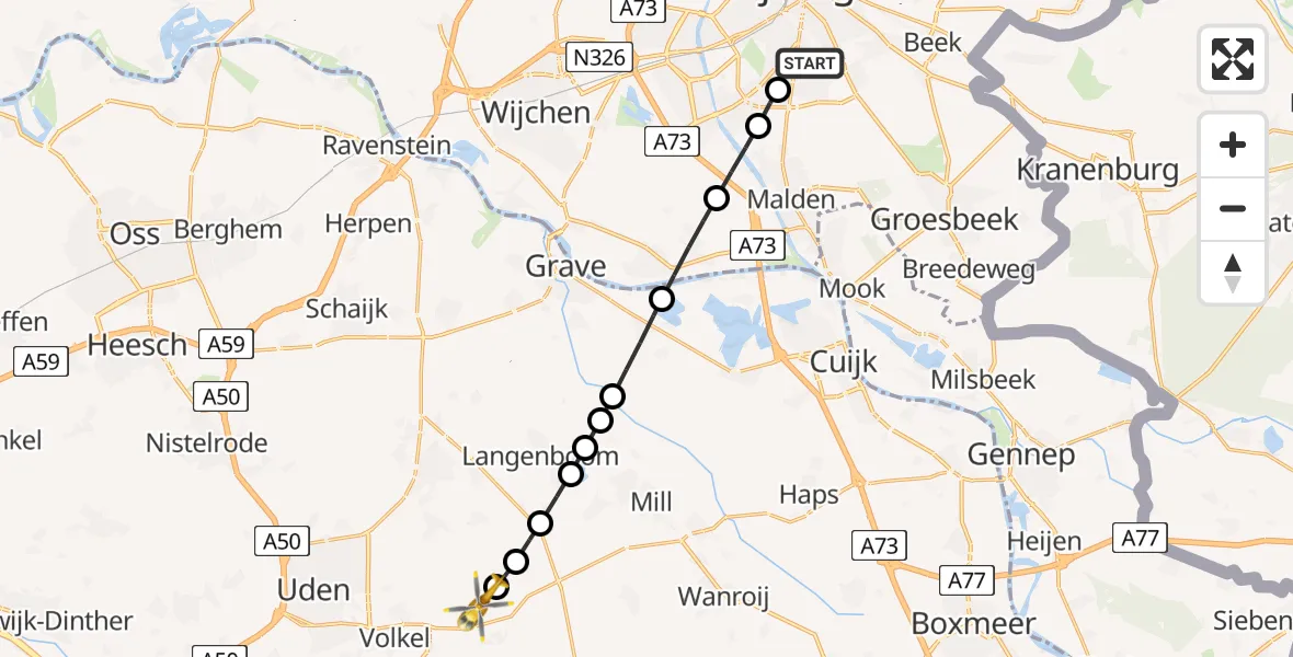 Vluchtroute Traumahelikopter Radboud Universitair Medisch Centrum - Vliegbasis Volkel, 08 augustus 2025, 08:27