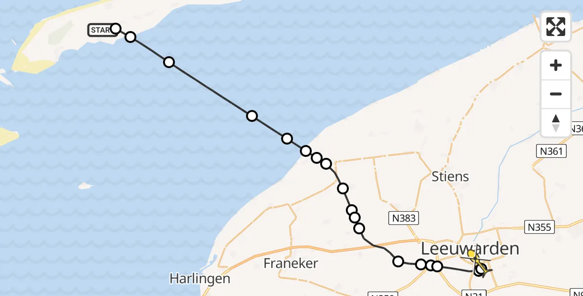 Routekaart van de vlucht: Ambulancehelikopter naar Leeuwarden, Landerum