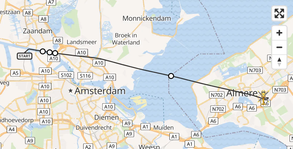 Vluchtroute Traumahelikopter Amsterdam Heliport - Almere, 08 augustus 2025, 09:25