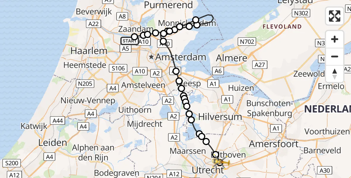 Vluchtroute Traumahelikopter Amsterdam Heliport - De Bilt, 08 augustus 2025, 11:07