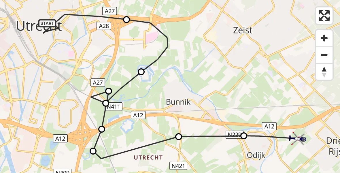 Vluchtroute Politiehelikopter Utrecht - Driebergen-Rijsenburg, 08 augustus 2025, 12:02