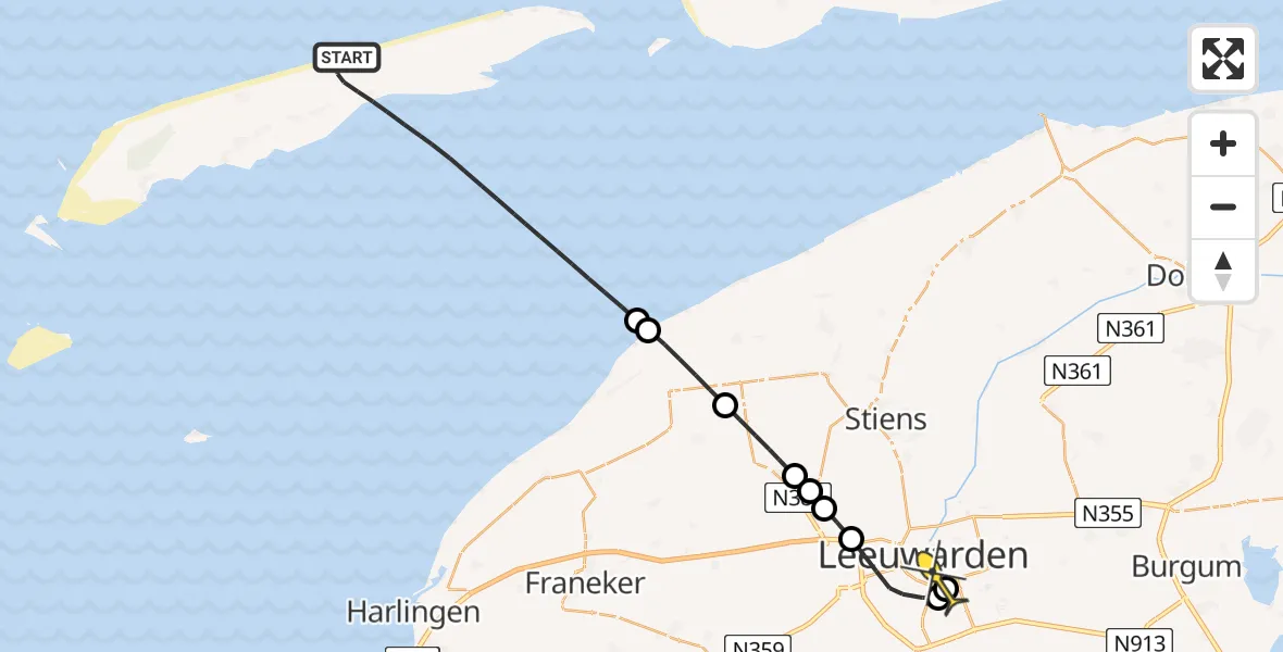 Routekaart van de vlucht: Ambulanceheli naar Leeuwarden, Duinweg