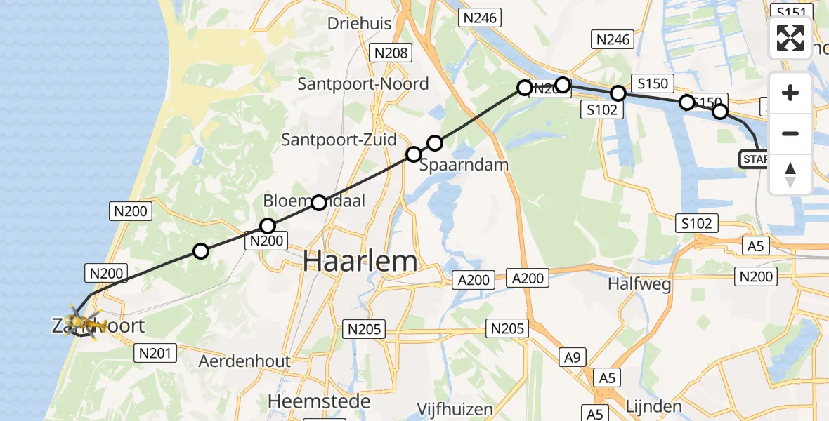 Vluchtroute Traumahelikopter Amsterdam Heliport - Zandvoort, 08 augustus 2025, 12:40