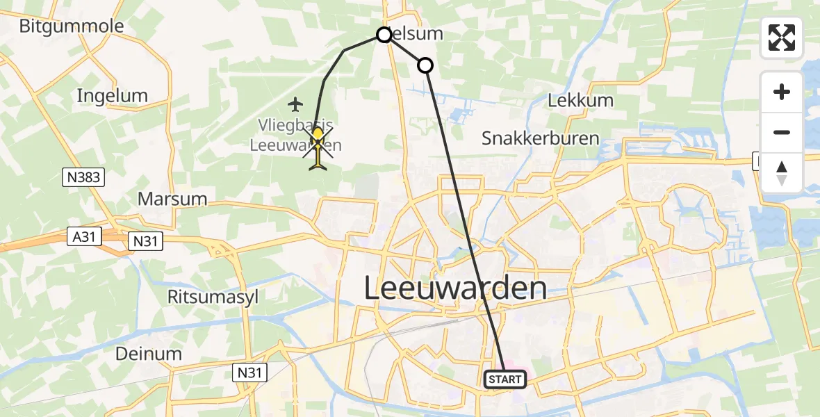 Routekaart van de vlucht: Ambulancehelikopter naar Vliegbasis Leeuwarden, Posthoornsteeg