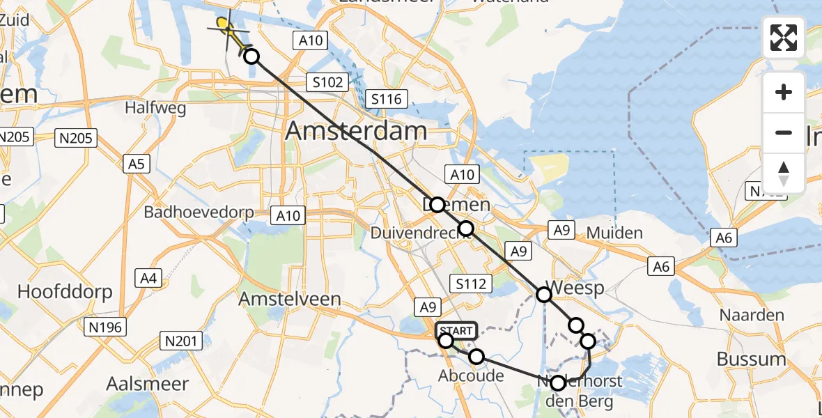 Routekaart van de vlucht: Lifeliner 1 naar Amsterdam Heliport, Holendrechterweg