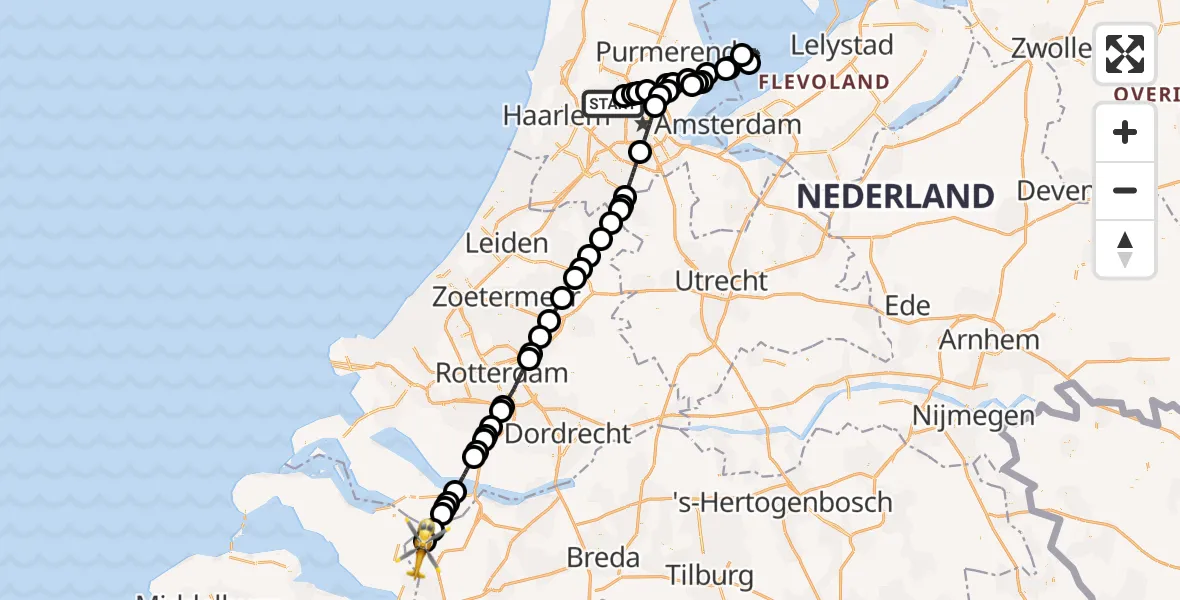Vluchtroute Traumahelikopter Amsterdam Heliport - Nieuw-Vossemeer, 08 augustus 2025, 16:13