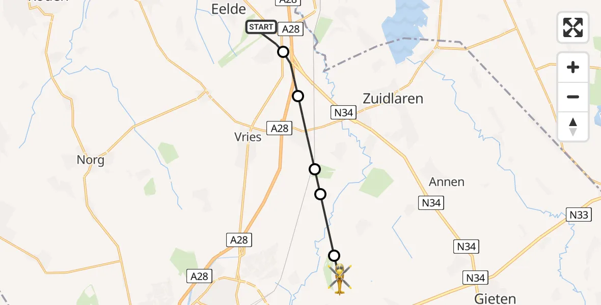 Vluchtroute Traumahelikopter Groningen Airport Eelde - Balloërveld, 08 augustus 2025, 17:01