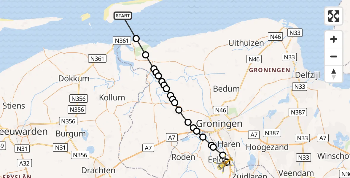 Vluchtroute Ambulancehelikopter Schiermonnikoog - Groningen Airport Eelde, 08 augustus 2025, 17:47