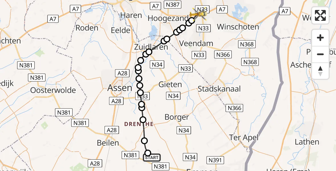 Vluchtroute Traumahelikopter Witteveen - Zuidbroek, 08 augustus 2025, 17:55