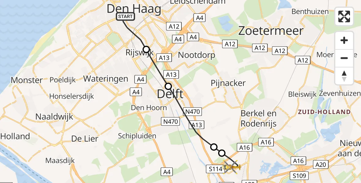 Vluchtroute Traumahelikopter Den Haag - Rotterdam The Hague Airport, 08 augustus 2025, 18:28