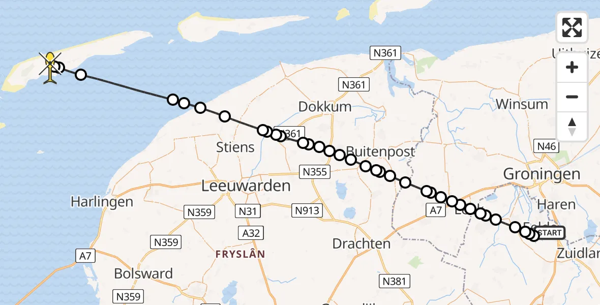 Routekaart van de vlucht: Ambulanceheli naar Midsland, Moespot