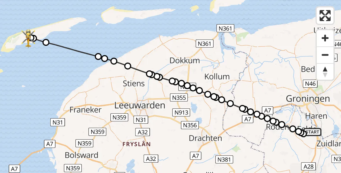 Vluchtroute Ambulancehelikopter Groningen Airport Eelde - Midsland, 08 augustus 2025, 18:38