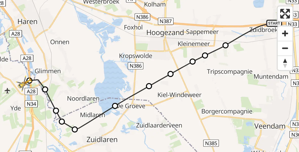 Vluchtroute Traumahelikopter Zuidbroek - Eelde, 08 augustus 2025, 18:44