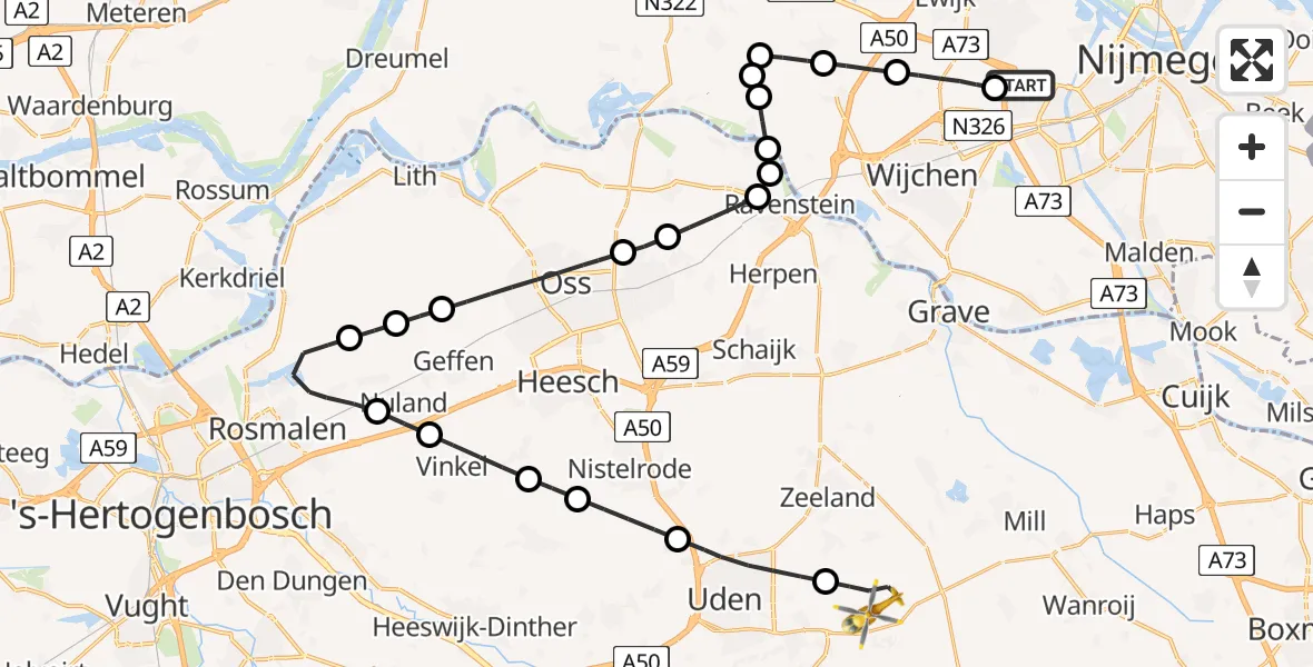 Vluchtroute Traumahelikopter Nijmegen - Vliegbasis Volkel, 08 augustus 2025, 19:13