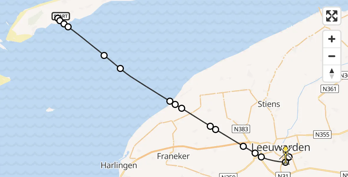 Routekaart van de vlucht: Ambulanceheli naar Leeuwarden, Kinnum