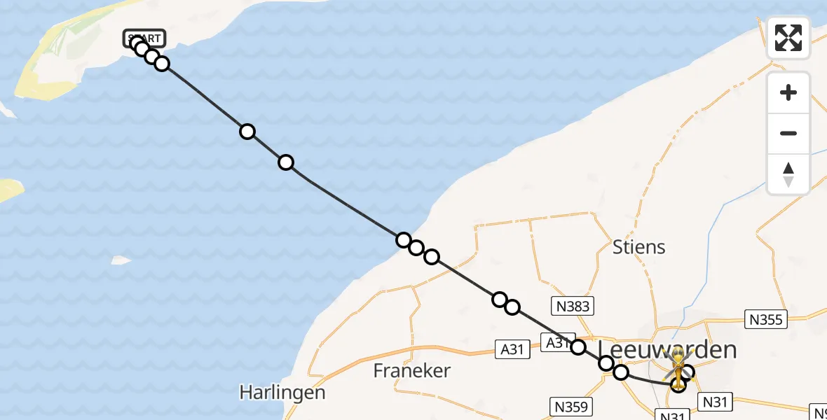 Vluchtroute Ambulancehelikopter Midsland - Leeuwarden, 08 augustus 2025, 19:25