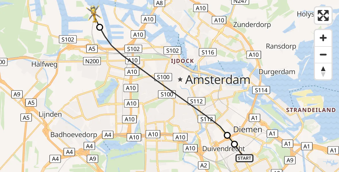Vluchtroute Traumahelikopter Diemen - Amsterdam Heliport, 08 augustus 2025, 19:28