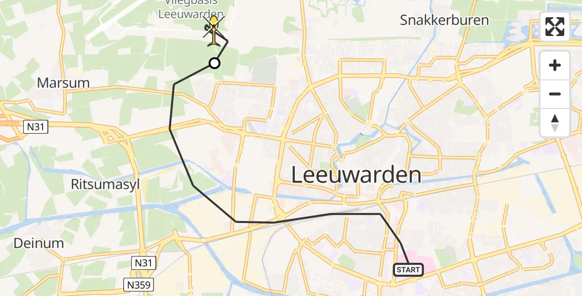 Routekaart van de vlucht: Ambulancehelikopter naar Vliegbasis Leeuwarden, Raadhuisstraat
