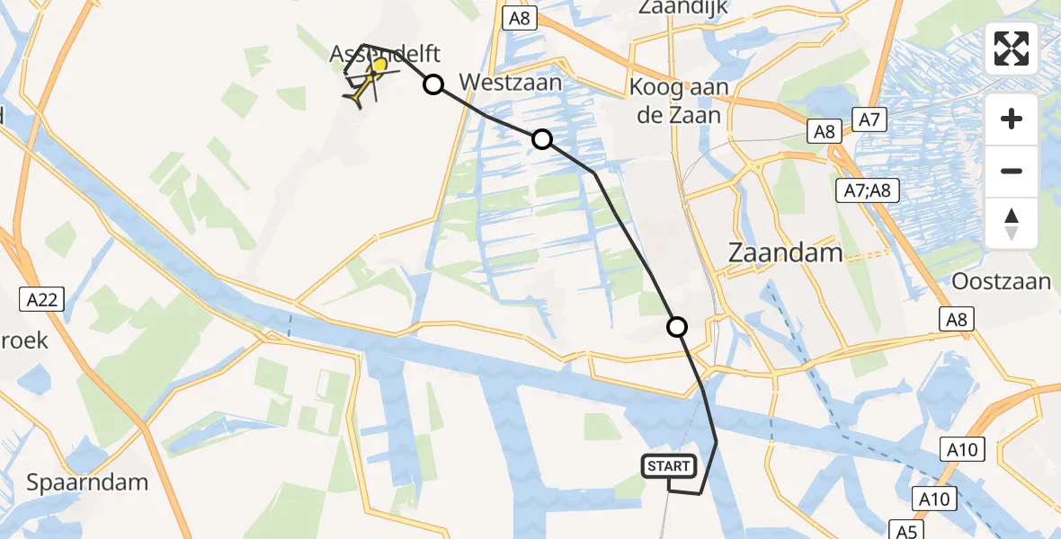 Routekaart van de vlucht: Lifeliner 1 naar Assendelft, Hemweg