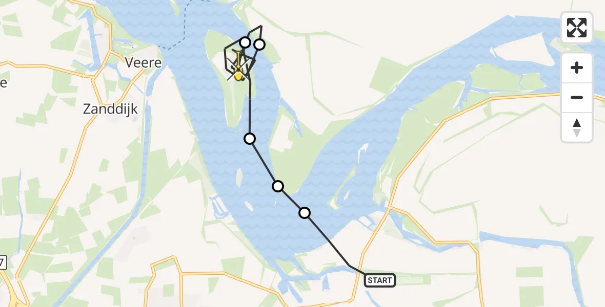 Routekaart van de vlucht: Kustwachthelikopter naar Veere, Oranjeplaatweg