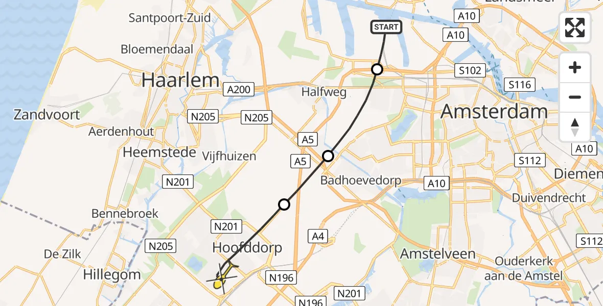 Routekaart van de vlucht: Lifeliner 1 naar Hoofddorp, Vattenfall stadswarmte buffer