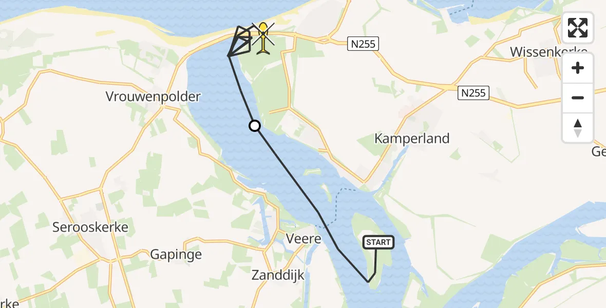 Routekaart van de vlucht: Kustwachthelikopter naar Kamperland, Soelekerkeplaat