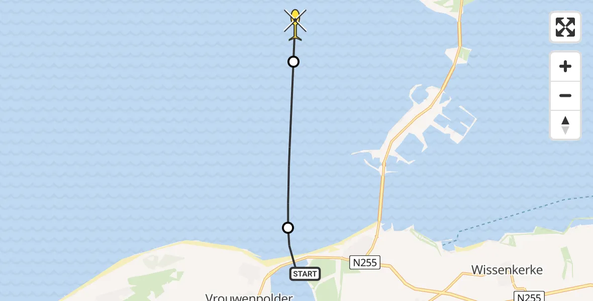 Routekaart van de vlucht: Kustwachthelikopter naar Burgh-Haamstede, Veersegatdam