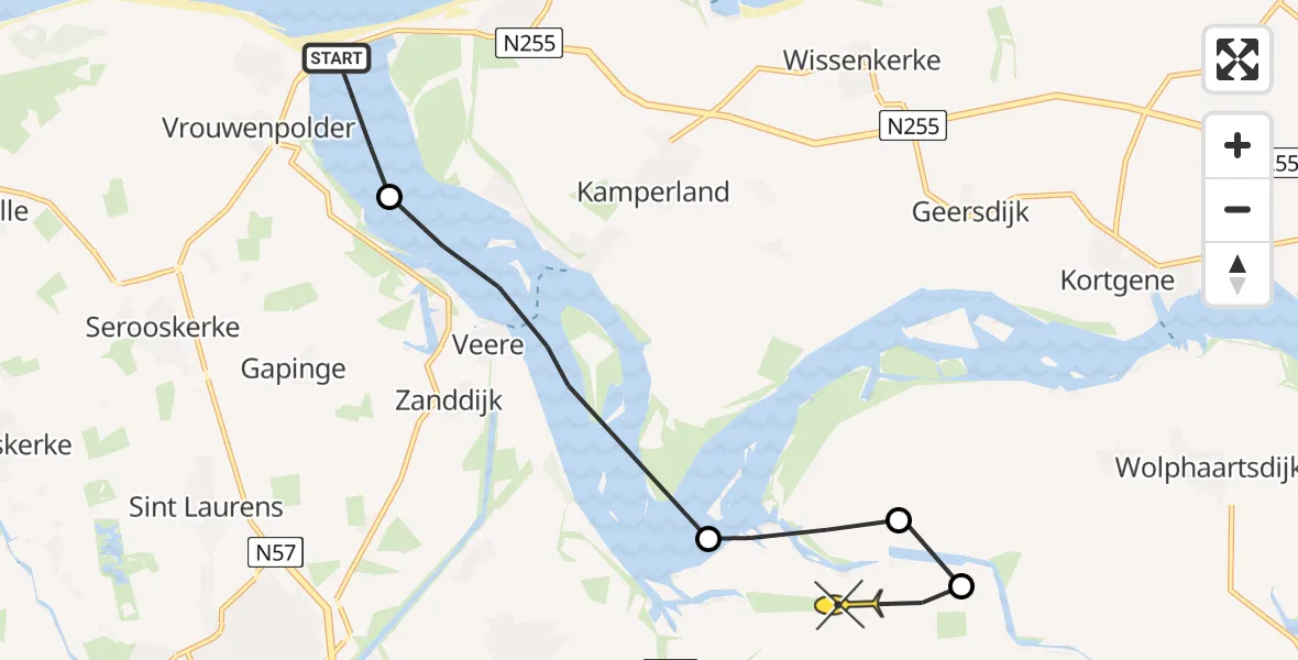 Routekaart van de vlucht: Kustwachthelikopter naar Vliegveld Midden-Zeeland, De Omloop