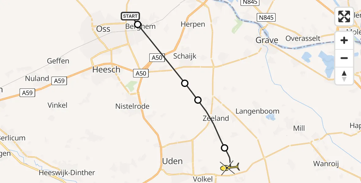 Routekaart van de vlucht: Politiehelikopter naar Vliegbasis Volkel, Sint Willibrordusstraat