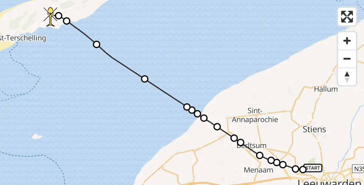 Routekaart van de vlucht: Ambulancehelikopter naar Midsland, Keegsdijkje