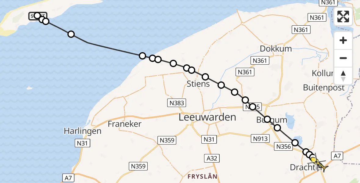 Routekaart van de vlucht: Ambulancehelikopter naar Vliegveld Drachten, Seerijp